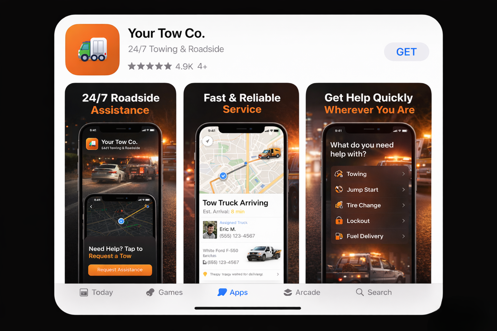 Your Tow Co. branded app on the App Store — 4.9 stars, 24/7 towing & roadside