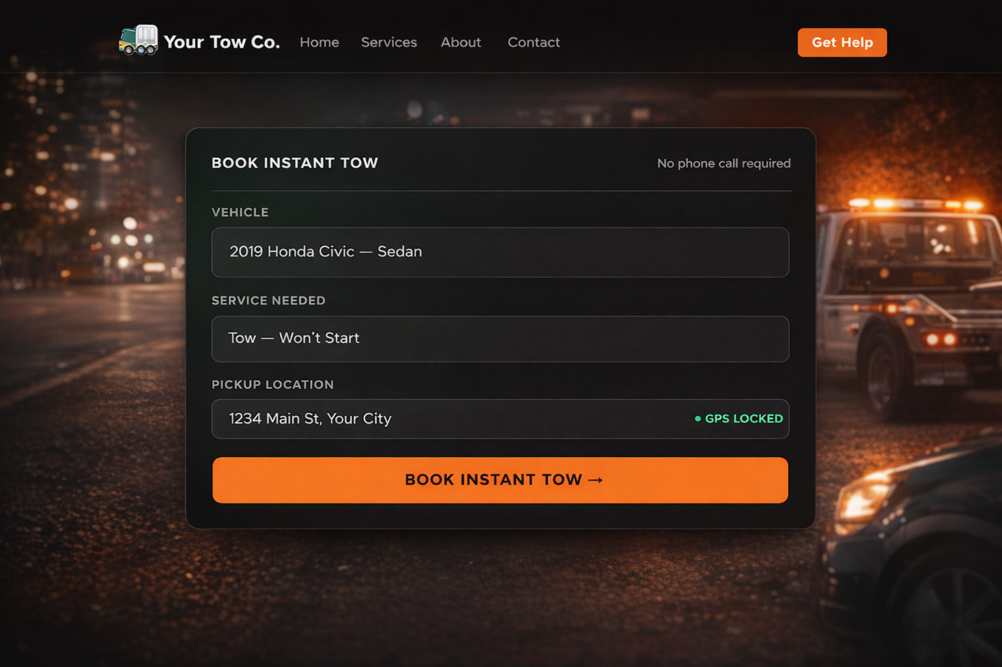 Branded web booking form — Book Instant Tow, no phone call required